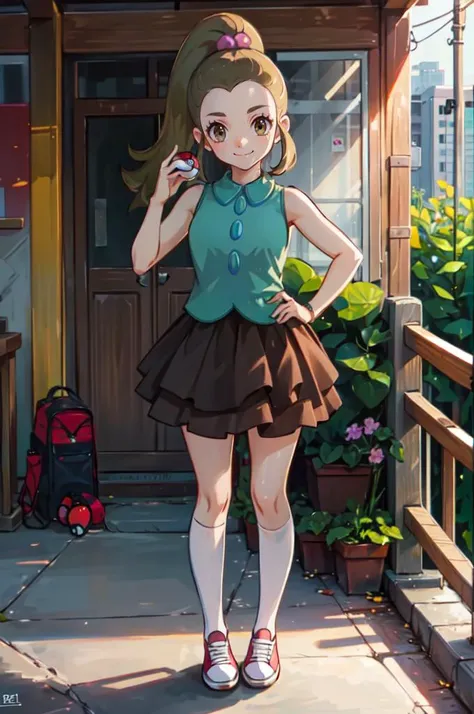 <lora:schoolkid orasV3:0.9> schoolkid oras, hair bobbles, sleeveless shirt, brown skirt, kneehighs, sneaker, smile, double v, (standing:1.3), holding poke ball, ultra detailed, masterpiece, best quality, aesthetic, detailed,, ultra detailed, masterpiece, best quality, aesthetic, detailed,
