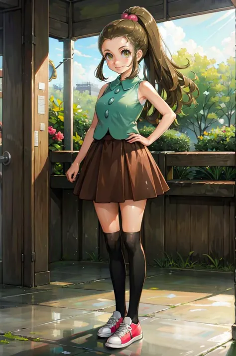 solo, <lora:schoolkid orasV3:0.7> schoolkid oras, hair bobbles, sleeveless shirt, brown skirt, kneehighs, sneaker, smile, game boy, <lora:ishikeiV71:1> (standing, straight-on:1.2),, ultra detailed, masterpiece, best quality, aesthetic, detailed,