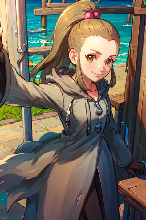 solo, smile, cowboy shot, <lora:schoolkid orasV3:0.9> schoolkid oras, hair bobbles, <lora:OrganizationXIIICoat:1> Organization XIII Coat, hood down,, ultra detailed, masterpiece, best quality, aesthetic, detailed,