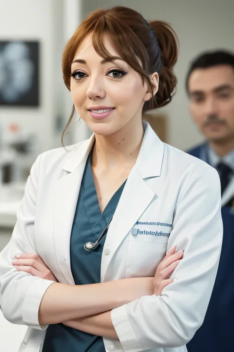 photo of (phil0cunk01-1250:0.99), a woman as a attractive medical doctor, modelshoot style, (extremely detailed CG unity 8k wallpaper), photo of the most beautiful artwork in the world, professional majestic oil painting by Ed Blinkey, Atey Ghailan, Studio Ghibli, by Jeremy Mann, Greg Manchess, Antonio Moro, trending on ArtStation, trending on CGSociety, Intricate, High Detail, Sharp focus, dramatic, photorealistic painting art by midjourney and greg rutkowski, (white coat:1.1), (blue scrubs), (trousers), ((in a hospital)), ((standing in of a counter in a hospital)), ((medical staff in the background)), (looking at viewer:1.3), (detailed pupils:1.3), (modern outfit:1.2), (closeup), (grin512)