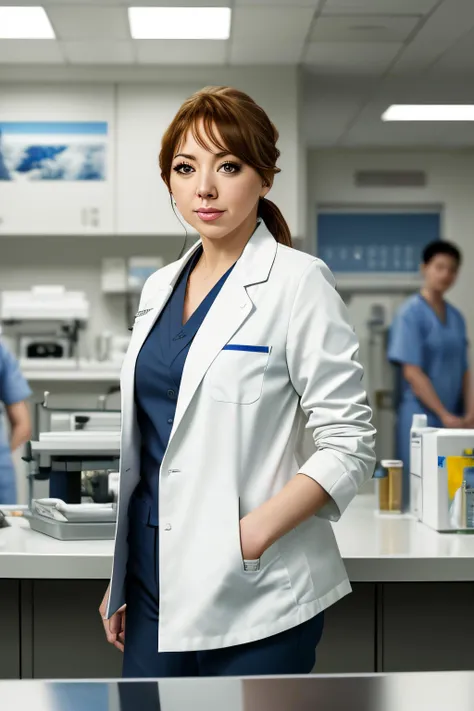 photo of (phil0cunk01-1250:0.99), a woman as a attractive medical doctor, modelshoot style, (extremely detailed CG unity 8k wallpaper), photo of the most beautiful artwork in the world, professional majestic oil painting by Ed Blinkey, Atey Ghailan, Studio Ghibli, by Jeremy Mann, Greg Manchess, Antonio Moro, trending on ArtStation, trending on CGSociety, Intricate, High Detail, Sharp focus, dramatic, photorealistic painting art by midjourney and greg rutkowski, (white coat:1.1), (blue scrubs), (trousers), ((in a hospital)), ((standing in of a counter in a hospital)), ((medical staff in the background)), (looking at viewer:1.3), (detailed pupils:1.3), (modern outfit:1.2), (closeup), (grin512)