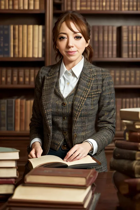 photo of (phil0cunk01-1250:0.99),  a woman as a attractive history professor, modelshoot style, (extremely detailed CG unity 8k wallpaper), photo of the most beautiful artwork in the world, professional majestic oil painting by Ed Blinkey, Atey Ghailan, Studio Ghibli, by Jeremy Mann, Greg Manchess, Antonio Moro, trending on ArtStation, trending on CGSociety, Intricate, High Detail, Sharp focus, dramatic, photorealistic painting art by midjourney and greg rutkowski, (tweed jacket:1.1), (white shirt), (trousers), ((in an old and grandiose library)), ((standing in of a table with lots of books)), ((huge bookcases in the background)), (looking at viewer:1.3), (detailed pupils:1.3), (modern outfit:1.2), (closeup), (grin512)