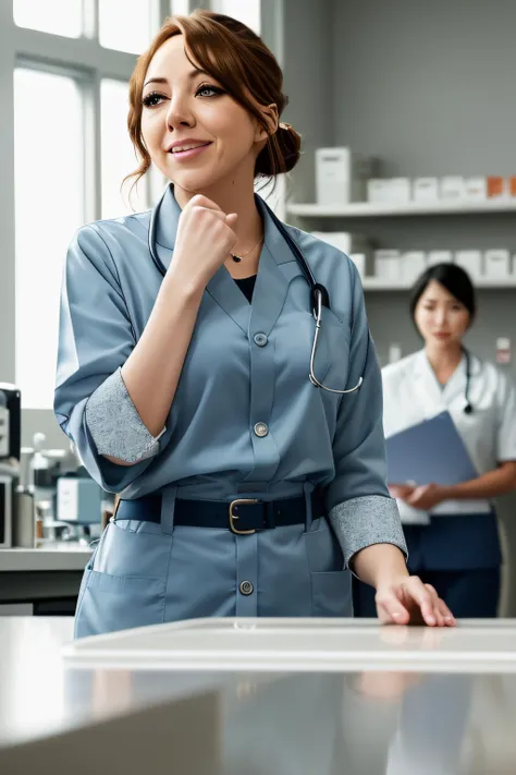 photo of (phil0cunk01-1250:0.99),  a woman as a attractive medical doctor, modelshoot style, (extremely detailed CG unity 8k wallpaper), photo of the most beautiful artwork in the world, professional majestic oil painting by Ed Blinkey, Atey Ghailan, Studio Ghibli, by Jeremy Mann, Greg Manchess, Antonio Moro, trending on ArtStation, trending on CGSociety, Intricate, High Detail, Sharp focus, dramatic, photorealistic painting art by midjourney and greg rutkowski, (white coat:1.1), (blue scrubs), (trousers), ((in a hospital)), ((standing in of a counter in a hospital)), ((medical staff in the background)), (looking at viewer:1.3), (detailed pupils:1.3), (modern outfit:1.2), (closeup), (grin512)