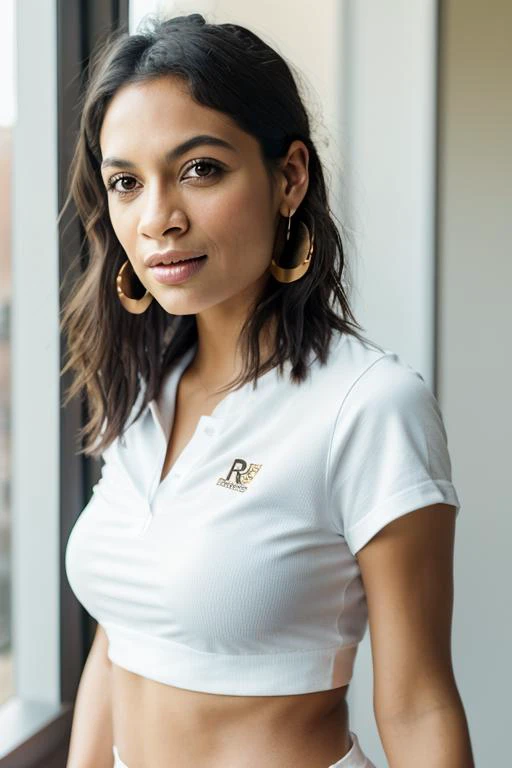 set business photo, beautiful business woman woman athletic muscular, black hair in bun, brown eyes, dark red lips, black tight tight short skirt, white unbuttoned silk shirt, black high heels, gold necklace, gold earrings,