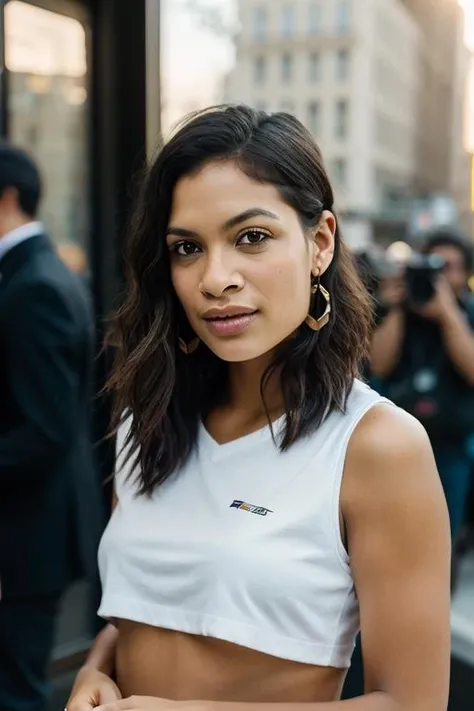 Realistic photo of a beautiful r0s4r10 woman, 1girl, solo, breasts, looking at viewer, short hair, black hair, brown eyes, jewelry, upper body, earrings, lips, white shirt, realistic, nose, soft lighting, professional Photography, Photorealistic, detailed, RAW, analog, sharp focus, 8k, HD, DSLR, high quality, Fujifilm XT3, film grain, award winning, masterpiece<lora:r0s4r10:1.0>