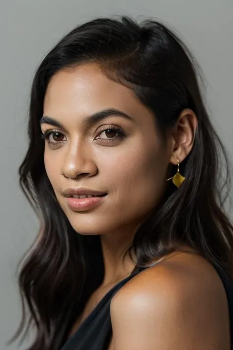 Realistic photo of a beautiful r0s4r10 woman, girl, solo, long hair, simple background, black hair, bare shoulders, brown eyes, upper body, parted lips, teeth, grey background, black eyes, lips, eyelashes, realistic, soft lighting, professional Photography, Photorealistic, detailed, RAW, analog, sharp focus, 8k, HD, DSLR, high quality, Fujifilm XT3, film grain, award winning, masterpiece<lora:r0s4r10:1.0>
