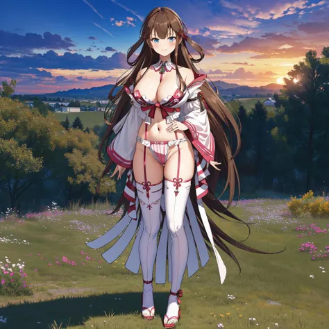 (masterpiece, best quality, detailed:1.2),Toki_Shinomas, solo,1girl,brown_hair,long_hair,blue_eyes,full_body,(pink_fundoshi:1.2),absurdres,wonderful greenery background with forests,fields,sunset,cloud,<lora:Toki_Shinomas-10:0.75>