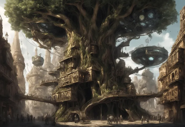 hyperrealistic, ancient bio-tech_city in a gigantic_tree, steampunk, <lora:add-detail-xl:2> all