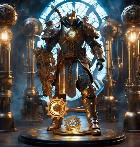 Steampunk, Full-length photo,(ancient desolate idol:-0.1),(muscle male :0.9),combat posture,Surrealism,(bare foot:1.2),backlighting,backlighting,cinematic lighting,8k,super detail,high quality,high details,UHD,Surrealism,award winning,anatomically correct,UHD,retina,masterpiece,ccurate,anatomically correct,(glass shiny (textured skin):0.1),super detail,award winning,best quality,high quality,high details,(back:0.3),realistic style,random posture,fullbody,complex scenes and light,light and shadow,look to the camera,(warrior:0.1),(samurai:0.1),(knight:0.1),, retrofuturistic science fantasy, steam-powered tech, vintage industry, gears, neo-victorian, steampunk