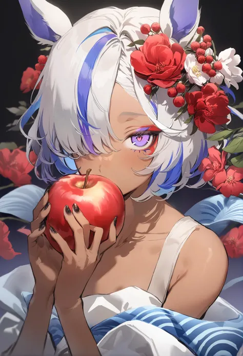 masterpiece, best quality, <lora:anmiXL_V1:1> 1girl, food, solo, flower, fruit, hair ornament, holding food, apple, holding, multicolored hair, hair flower, white hair, hair over one eye, holding fruit, looking at viewer, black nails, red flower, dark skin, short hair, dark-skinned female, portrait, nail polish, multicolored eyes, covering mouth, bare shoulders, makeup, fingernails, streaked hair, blue hair, animal ears, bangs, purple eyes, eyeshadow, horse ears, collarbone, bow, seigaiha