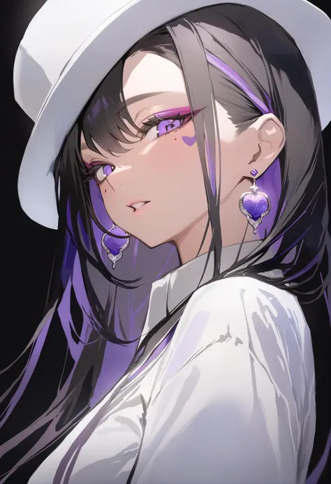 masterpiece, best quality, <lora:anmiXL_V1:1> 1girl, black hair, solo, hat, jewelry, earrings, purple eyes, mole under eye, long hair, looking at viewer, mole, parted lips, white headwear, black background, virtual youtuber, makeup, bangs, multicolored hair, shirt, facial mark, eyeshadow, simple background