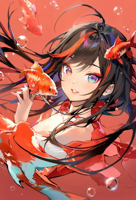 masterpiece, best quality, <lora:anmiXL_ANI31_lokr_V2233:0.95> 1girl, fish, red background, solo, koi, goldfish, black hair, looking at viewer, parted lips, long hair, multicolored eyes, portrait, bangs, floating hair, simple background, multicolored hair, smile, makeup, bubble, ahoge, eyeshadow