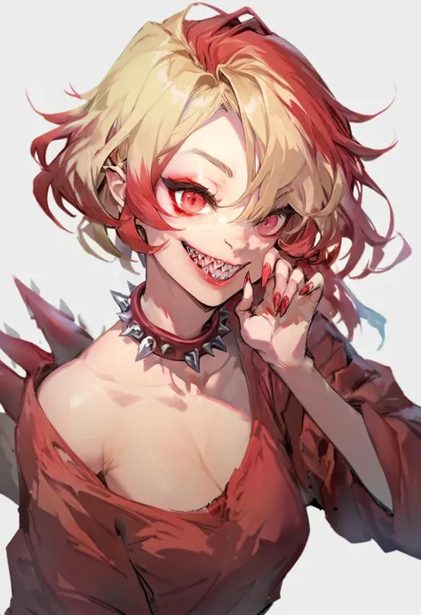 score_9, score_8_up, score_7_up, score_6_up, <lora:anmiXL_P6_lokr_V2233:0.95> 1girl, solo, multicolored eyes, looking at viewer, smile, sharp teeth, spikes, teeth, red hair, white background, blonde hair, spiked collar, multicolored hair, nail polish, short hair, red nails, red eyes, collar