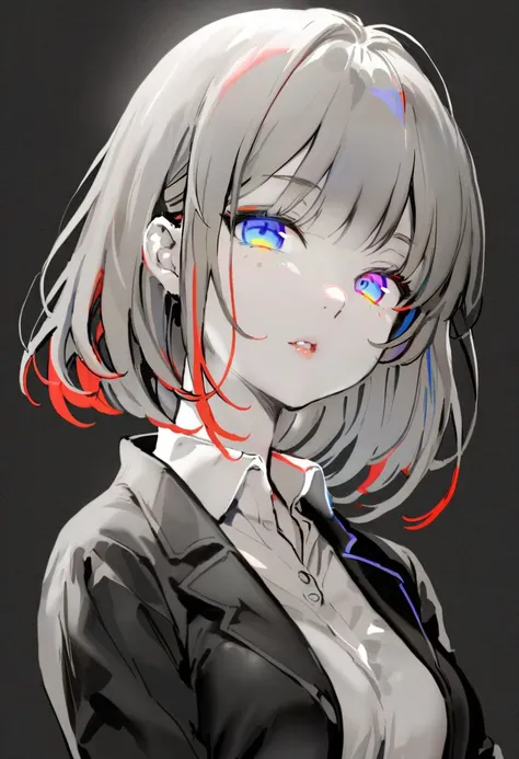 masterpiece, best quality, <lora:anmiXL_ANI31_lokr_V2233:0.95> solo, spot color, monochrome, short hair, looking at viewer, parted lips, 1girl, bangs, greyscale, simple background, black background, jacket, collared shirt, shirt, multicolored eyes, school uniform, blunt bangs, portrait, blue eyes, blazer