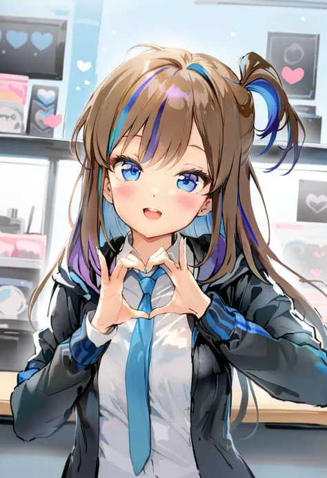 masterpiece, best quality, <lora:anmiXL_ANI31_lokr_V2233:0.95> 1girl, solo, heart, heart hands, brown hair, smile, shirt, open mouth, looking at viewer, long hair, blue eyes, white shirt, blue nails, jacket, collared shirt, upper body, bangs, teeth, nail polish, blush, necktie, upper teeth only, :d, black jacket, multicolored hair