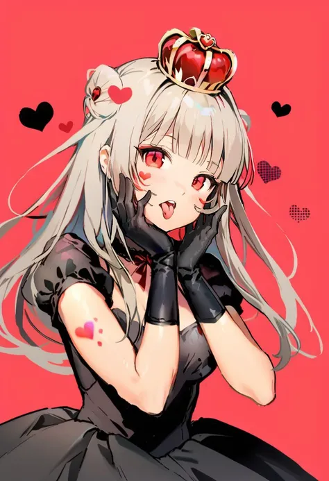 masterpiece, best quality, <lora:anmiXL_ANI31_lokr_V2233:0.95> 1girl, gloves, solo, tongue, red background, black gloves, tongue out, long hair, elbow gloves, bangs, puffy sleeves, open mouth, grey hair, short sleeves, looking at viewer, hands on own face, upper body, blunt bangs, puffy short sleeves, colored tongue, heart, black dress, dress, hands on own cheeks, red eyes, facial mark, crown, simple background, tattoo, string, teeth, halftone