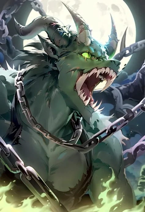 masterpiece, best quality, <lora:anmiXL_ANI31_lokr_V2233:0.95> chain, horns, monster, solo, open mouth, teeth, green eyes, demon, moon, fire, no humans, night, glowing, skull, 1boy, sharp teeth, colored skin, spikes