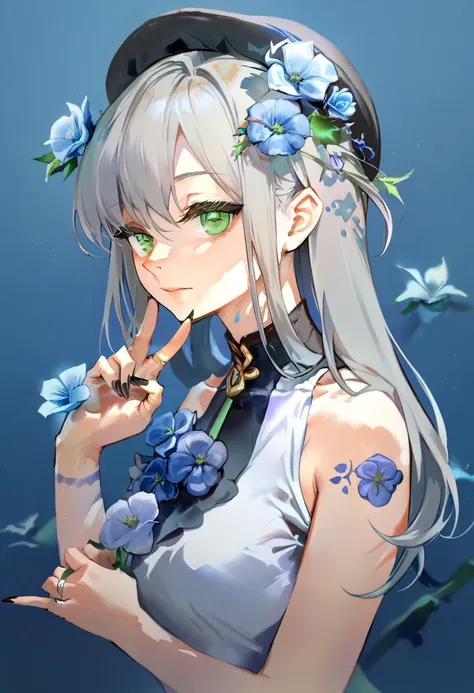 score_9, score_8_up, score_7_up, score_6_up, <lora:anmiXL_P6_lokr_V2233:0.95> 1girl, solo, flower, v, long hair, ring, blue background, looking at viewer, simple background, jewelry, hair flower, upper body, rose, hair ornament, tattoo, blue flower, green eyes, closed mouth, nail polish, shirt, blue rose, black nails, sleeveless, from side, bangs, sleeveless shirt, arm tattoo, hand up, bare shoulders, grey hair, fingernails, black headwear, sideways glance, white shirt, looking to the side