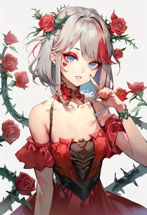 score_9, score_8_up, score_7_up, score_6_up, <lora:anmiXL_P6_lokr_V2233:0.95> 1girl, solo, flower, thorns, hair ornament, rose, white background, red nails, red flower, hair flower, red dress, looking at viewer, red rose, bare shoulders, simple background, blue eyes, parted lips, dress, index finger raised, bangs, grey hair, collarbone, upper body, makeup, red hair, detached collar, red eyeshadow, nail polish, facial mark, multicolored hair, red ribbon, virtual youtuber, ribbon, eyeshadow