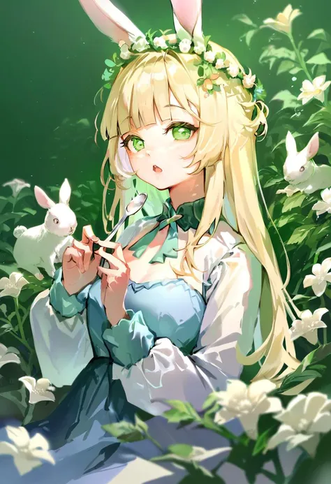 score_9, score_8_up, score_7_up, score_6_up, <lora:anmiXL_P6_lokr_V2233:0.95> 1girl, long hair, blonde hair, animal ears, green eyes, rabbit ears, solo, flower, open mouth, green background, spoon, simple background, bangs, hair flower, blunt bangs, hair ornament, long sleeves, looking at viewer, breasts, head wreath