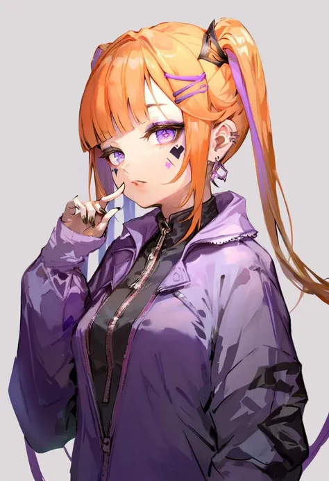 score_9, score_8_up, score_7_up, score_6_up, <lora:anmiXL_P6_lokr_V2233:0.95> 1girl, solo, earrings, jewelry, bangs, black nails, looking at viewer, simple background, orange hair, hair ornament, multicolored eyes, tattoo, hand up, piercing, zipper, purple eyes, purple jacket, upper body, blunt bangs, hairclip, facial tattoo, green eyes, symbol-shaped pupils, zipper pull tab, long sleeves, purple shirt, jacket, nail polish, eyeshadow, ear piercing, twintails