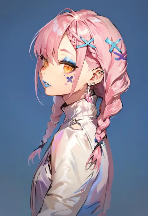 score_9, score_8_up, score_7_up, score_6_up, <lora:anmiXL_P6_lokr_V2233:0.95> 1girl, solo, piercing, long hair, pink hair, blue background, earrings, ear piercing, jewelry, simple background, hair ornament, makeup, bangs, looking at viewer, parted lips, hairclip, braid, eyeshadow, twintails, multicolored eyes, facial mark, upper body, jacket, from side, x hair ornament, profile, yellow eyes, high collar, twin braids, tattoo, blue lips