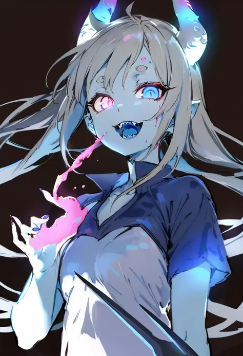 masterpiece, best quality, <lora:anmiXL_ANI31_lokr_V2233:0.95> 1girl, solo, blue eyes, horns, twintails, blue nails, long hair, holding, open mouth, teeth, simple background, fingernails, glowing, looking at viewer, blood, smile, glowing eyes, upper body, blue tongue, colored skin, short sleeves, short eyebrows, colored tongue, black background, grey hair, weapon, third eye, glowing horns, sharp teeth, holding weapon, fangs, bright pupils