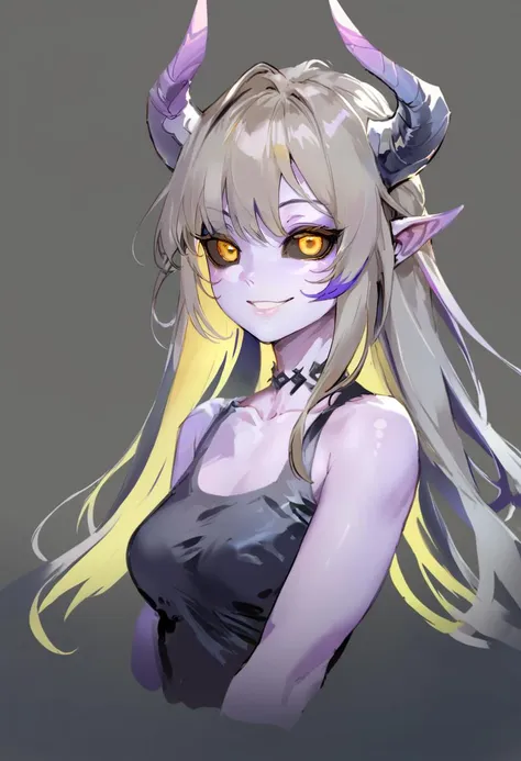 score_9, score_8_up, score_7_up, score_6_up, <lora:anmiXL_P6_lokr_V2233:0.95> 1girl, solo, horns, colored sclera, looking at viewer, long hair, multicolored hair, smile, multiple horns, yellow eyes, colored skin, colored inner hair, black sclera, purple skin, black background, black hair, upper body, grey hair, bare shoulders, collarbone, bangs