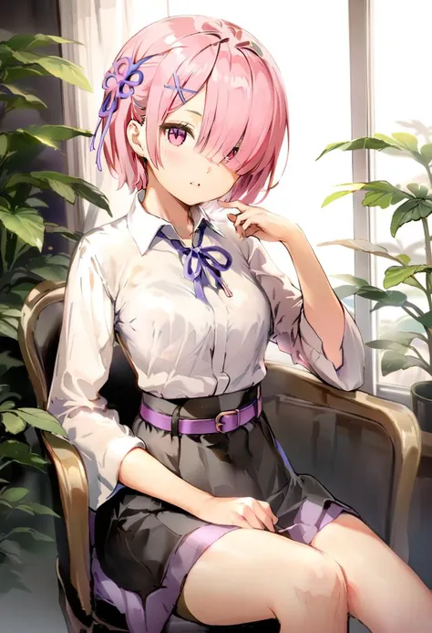 masterpiece, best quality, <lora:anmiXL_ANI31_lokr_V2233:0.95> 1girl, solo, ram \(re:zero\), shirt, skirt, hair over one eye, looking at viewer, sitting, short hair, x hair ornament, ribbon, white shirt, hair ornament, black skirt, neck ribbon, pink hair, pink eyes, plant, collared shirt, purple ribbon, bangs, chair, hair ribbon, hand up, closed mouth, belt, parted lips