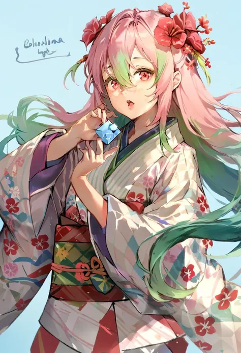 score_9, score_8_up, score_7_up, score_6_up, <lora:anmiXL_P6_lokr_V2233:0.95> 1girl, solo, kimono, flower, japanese clothes, hair ornament, hair flower, long hair, multicolored hair, open mouth, green hair, pink hair, cube, checkered clothes, red flower, looking at viewer, checkered kimono, red eyes, wide sleeves, white kimono, sash, long sleeves, multicolored kimono, bangs, :o, hair between eyes, very long hair, obi, blue background, upper body, floating hair, gradient hair, holding, english text