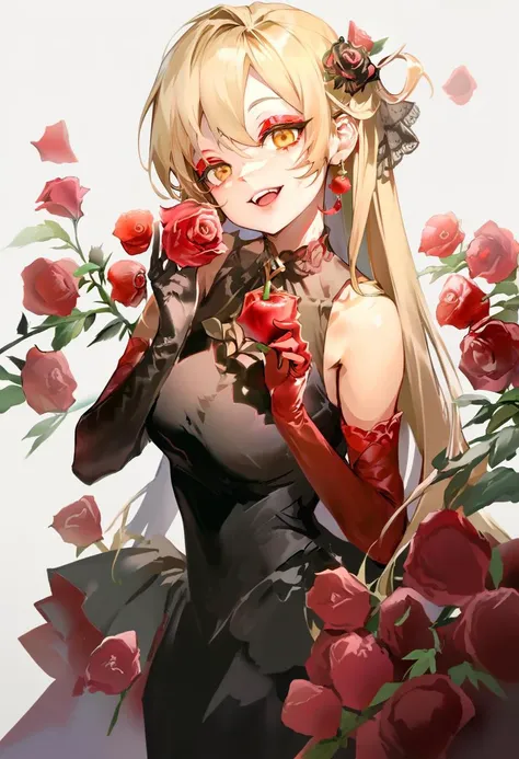 score_9, score_8_up, score_7_up, score_6_up, <lora:anmiXL_P6_lokr_V2233:0.95> 1girl, solo, gloves, elbow gloves, dress, rose, red flower, flower, long hair, red rose, black dress, blonde hair, smile, holding, makeup, yellow eyes, sleeveless dress, sleeveless, looking at viewer, apple, bare shoulders, signature, red gloves, food, hair ornament, very long hair, white background, eyeshadow, fruit, teeth, open mouth, simple background, breasts, eyeliner, holding food, red eyeshadow, bangs, head tilt, earrings, black gloves, holding fruit