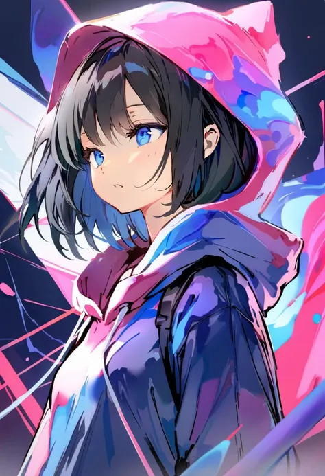 masterpiece, best quality, <lora:anmiXL_ANI31_lokr_V2233:0.95> abstract, short hair, solo, 1girl, hood, blue eyes, black hair
