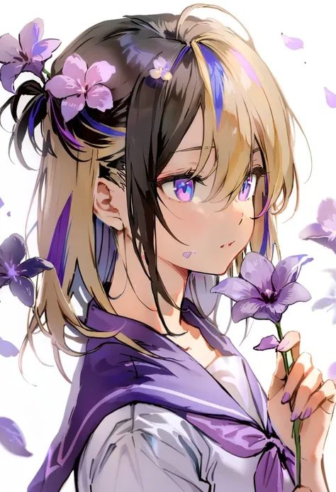 masterpiece, best quality, <lora:anmiXL_ANI31_lokr_V2233:0.95> 1girl, solo, flower, petals, holding flower, multicolored hair, multicolored eyes, holding, black hair, purple flower, sailor collar, purple eyes, blonde hair, simple background, streaked hair, bangs, from side, hair between eyes, white background, purple sailor collar, portrait, serafuku, school uniform