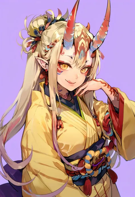 score_9, score_8_up, score_7_up, score_6_up, <lora:anmiXL_P6_lokr_V2233:0.95> 1girl, ibaraki douji \(fate\), solo, horns, blonde hair, yellow eyes, tongue out, pointy ears, tongue, oni horns, long hair, oni, looking at viewer, facial mark, earrings, jewelry, simple background, tattoo, purple background, smile, yellow kimono, :p