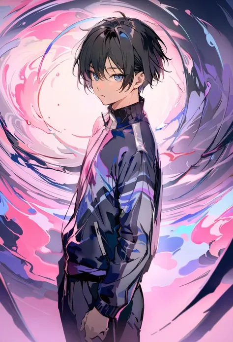 masterpiece, best quality, <lora:anmiXL_ANI31_lokr_V2233:0.95> solo, male focus, 1boy, looking at viewer, short hair, abstract, black hair, jacket, standing, long sleeves, bangs