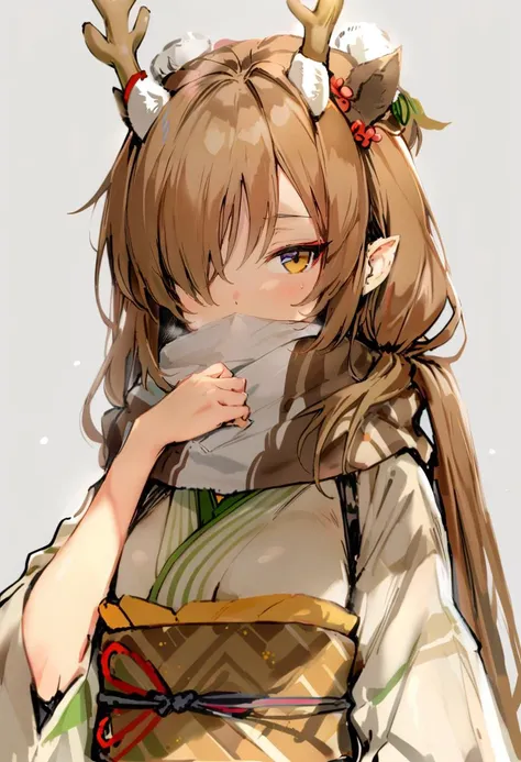 masterpiece, best quality, <lora:anmiXL_ANI31_lokr_V2233:0.95> 1girl, japanese clothes, kimono, solo, brown hair, scarf, antlers, sash, looking at viewer, obi, long hair, upper body, brown scarf, grey background, one eye covered, covered mouth, horns