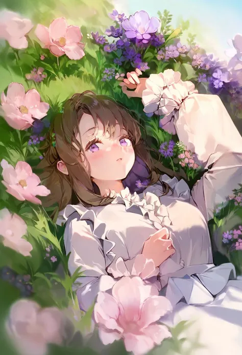 score_9, score_8_up, score_7_up, score_6_up, <lora:anmiXL_P6_lokr_V3236:0.95> solo, 1girl, lying, flower, purple eyes, on back, long sleeves, purple flower, pink flower, grass, shirt, blush, looking at viewer, brown hair, on grass, white shirt, outdoors, frills, long hair, skirt