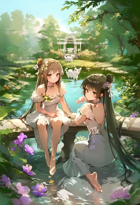 score_9, score_8_up, score_7_up, score_6_up, <lora:anmiXL_P6_lokr_V3236:0.95> multiple girls, 2girls, dress, flower, long hair, hair ornament, barefoot, green eyes, looking at viewer, hair flower, sitting, white dress, hair bun, outdoors, smile, very long hair, water, day, looking back, brown eyes, ribbon, black hair, tree, bare shoulders, off-shoulder dress, closed mouth, brown hair, wariza, hair ribbon, single side bun, purple flower, blush, choker, cat, white flower