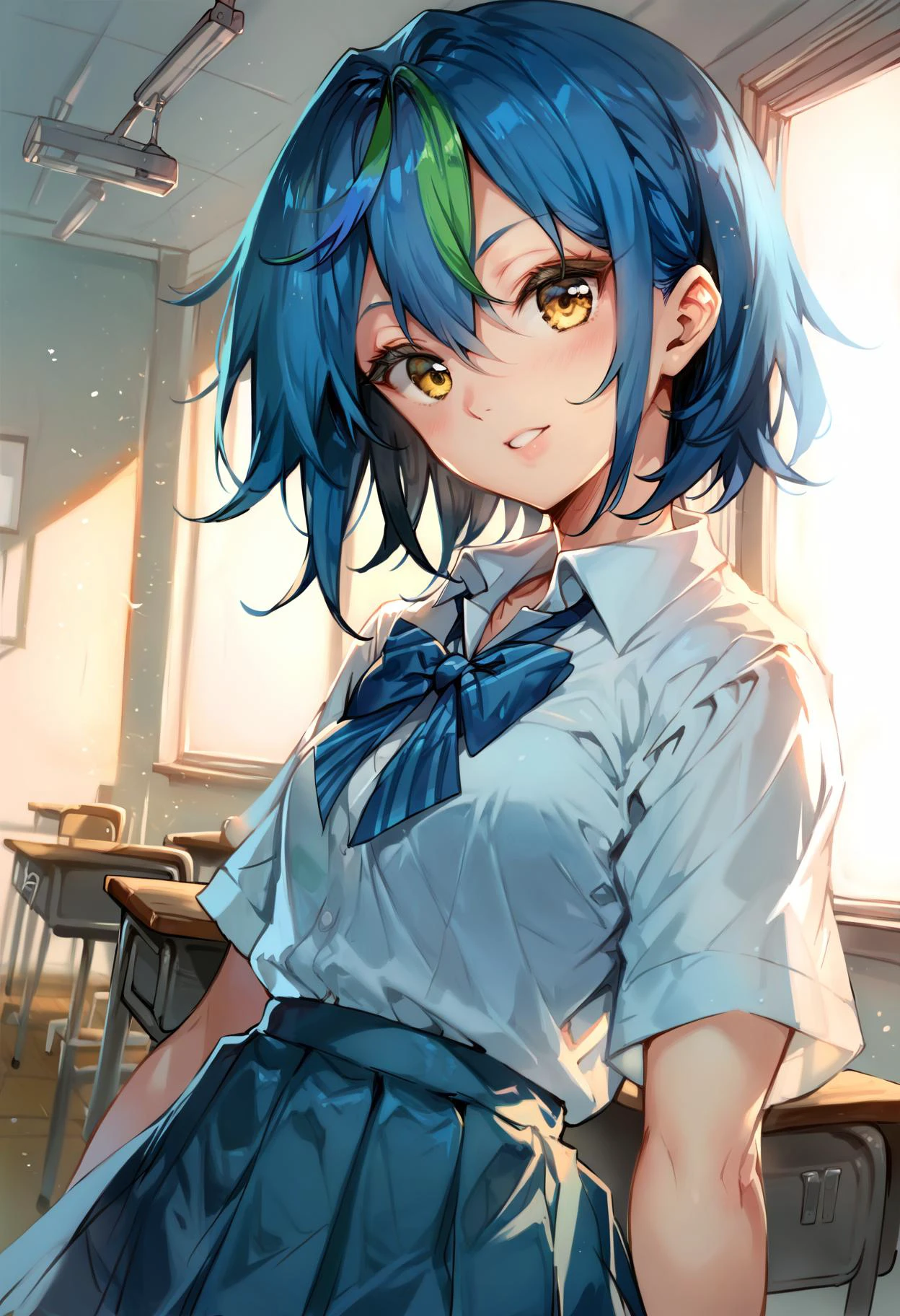 <lora:PONY-ç»-anmi:0.8>,score_9, score_8_up, score_7_up, score_6_up,1girl,classroom, school uniform, <lora:XenoviaXL:1>,xenovia, blue hair, streaked hair, hair between eyes, short hair, yellow eyes,looking at viewer,, uncensored,