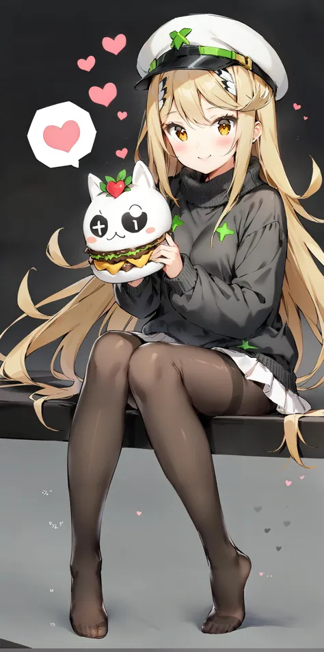 score_9,score_8_up,score_7_up,score_6_up,<lora:anmiXL_P6_lokr_V3236:0.8>,1girl,mythra \(xenoblade\),pantyhose,long hair,smile,hat,looking at viewer,black pantyhose,blush,sweater,braid,yellow eyes,sitting,no shoes,holding,heart,long sleeves,black background,food,full body,bow,