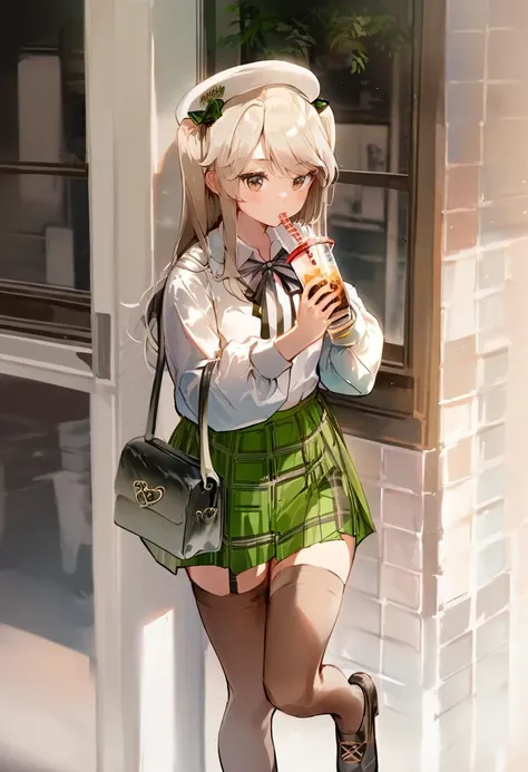 score_9, score_8_up, score_7_up, score_6_up, <lora:anmiXL_P6_lokr_V3236:0.95> 1girl, solo, thighhighs, skirt, shimada arisu, long hair, bag, shirt, hat, brown eyes, drinking straw, long sleeves, green skirt, beret, white shirt, ribbon, one side up, plaid skirt, looking at viewer, cup, holding, collared shirt, standing, casual, plaid, drinking, black thighhighs, holding cup, shoes, brown thighhighs, white headwear, pleated skirt, handbag, light brown hair, blush, black ribbon, neck ribbon, zettai ryouiki