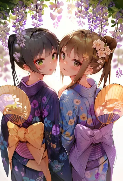 score_9, score_8_up, score_7_up, score_6_up, <lora:anmiXL_P6_lokr_V3236:0.95> hand fan, paper fan, japanese clothes, wisteria, uchiwa, multiple girls, 2girls, flower, kimono, green eyes, looking at viewer, looking back, hair ornament, brown eyes, black hair, brown hair, long hair, hair flower, blush, sash, hair bun, holding, tongue out, tongue, obi, single hair bun, holding fan, floral print, parted lips, purple flower, from behind, ponytail, smile, white background, long sleeves, :q, bow, upper body, blurry, simple background, sidelocks