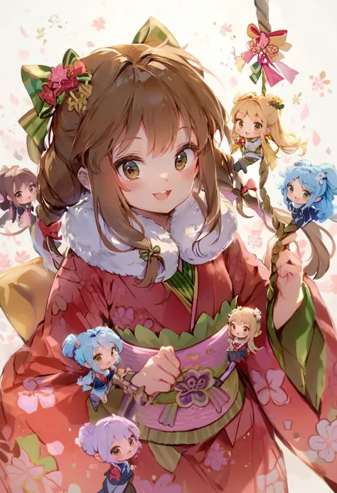 score_9, score_8_up, score_7_up, score_6_up, <lora:anmiXL_P6_lokr_V3236:0.95> japanese clothes, kimono, brown hair, brown eyes, smile, open mouth, looking at viewer, bow, mini person, blush, sash, obi, minigirl, hair bow, multiple girls, red kimono, :d, blonde hair, hair ornament, blue hair, rope, new year, 5girls, chibi, sidelocks, holding, long sleeves, long hair, wide sleeves, fur collar, green eyes, floral print