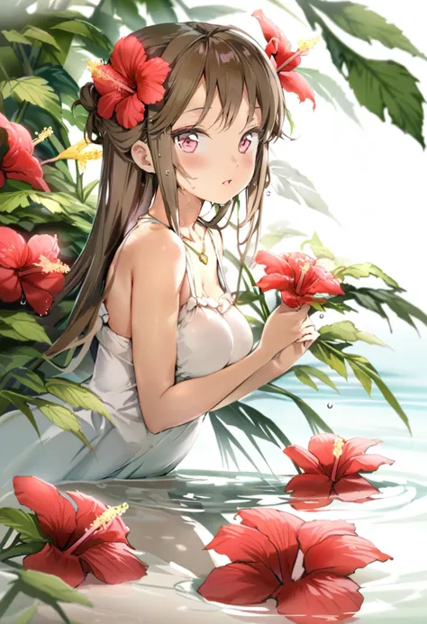 masterpiece, best quality, <lora:anmiXL_ANI31_lokr_V4239:0.95> flower, solo, 1girl, hibiscus, long hair, looking at viewer, hair ornament, parted lips, water, white dress, dress, brown hair, bare shoulders, red flower, hair flower, blush, breasts, collarbone, reflection, medium breasts, from side, necklace, sleeveless, pink eyes, sleeveless dress, outdoors, water drop, sundress, jewelry, leaf, sidelocks