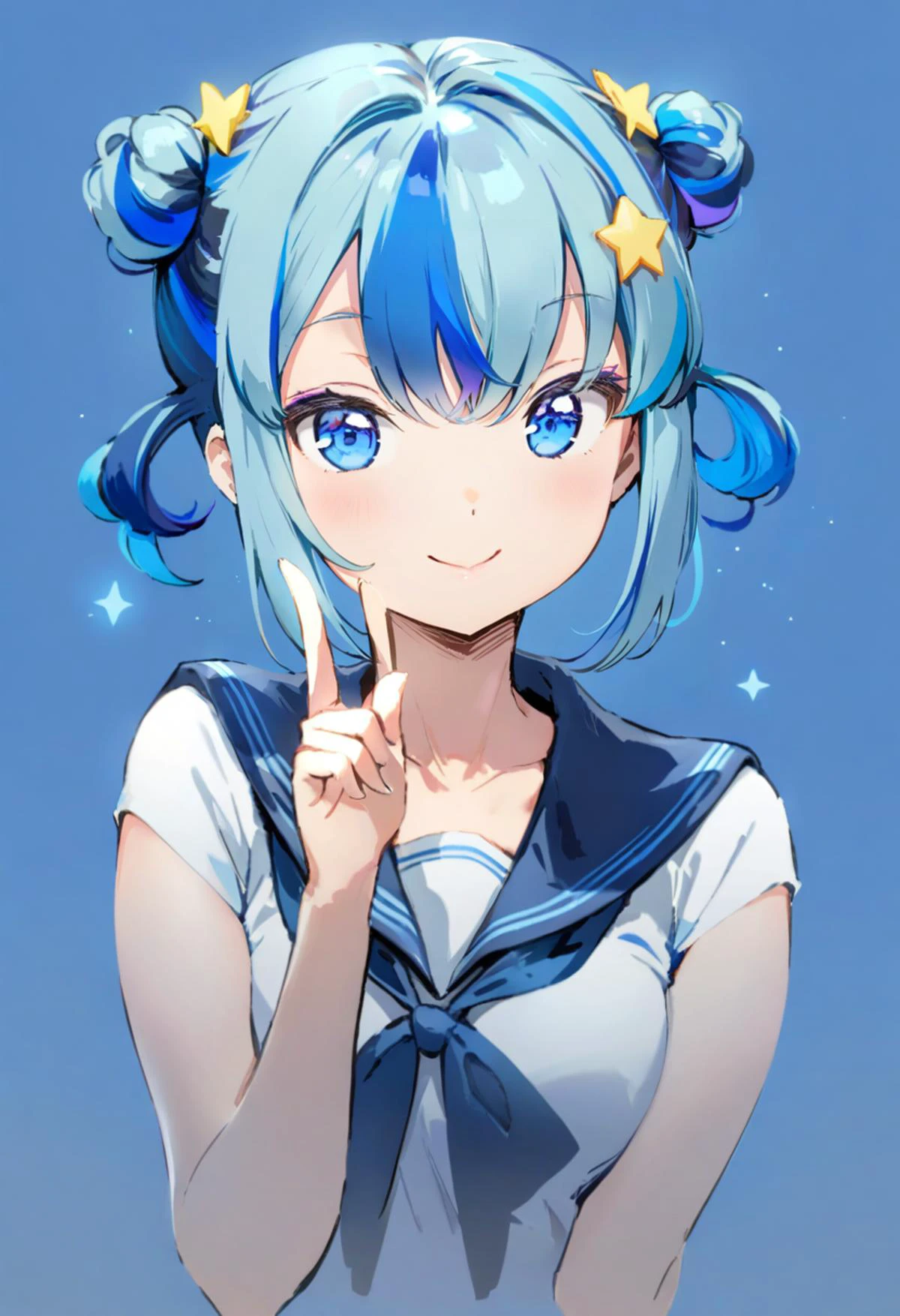 masterpiece, best quality, <lora:anmiXL_ANI31_lokr_V4239:0.95> 1girl, solo, star \(symbol\), smile, blue background, hair bun, double bun, blue hair, hair over one eye, multicolored hair, simple background, looking at viewer, portrait, blue eyes, one eye covered, streaked hair, index finger raised, closed mouth, sailor collar, collarbone, star hair ornament, hand up, aqua hair, bangs