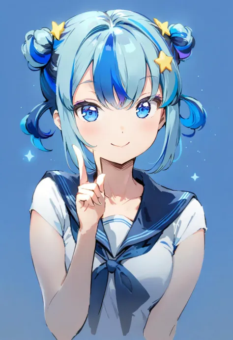 masterpiece, best quality, <lora:anmiXL_ANI31_lokr_V4239:0.95> 1girl, solo, star \(symbol\), smile, blue background, hair bun, double bun, blue hair, hair over one eye, multicolored hair, simple background, looking at viewer, portrait, blue eyes, one eye covered, streaked hair, index finger raised, closed mouth, sailor collar, collarbone, star hair ornament, hand up, aqua hair, bangs