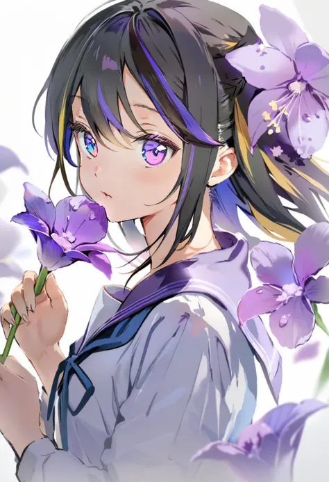 masterpiece, best quality, <lora:anmiXL_ANI31_lokr_V4239:0.95> 1girl, solo, flower, petals, holding flower, multicolored hair, multicolored eyes, holding, black hair, purple flower, sailor collar, purple eyes, blonde hair, simple background, streaked hair, bangs, from side, hair between eyes, white background, purple sailor collar, portrait, serafuku, school uniform