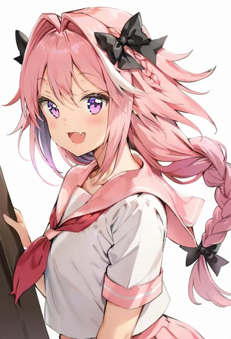 masterpiece, best quality, <lora:anmiXL_ANI31_lokr_V4239:0.95> astolfo \(fate\), 1boy, pink hair, male focus, open mouth, solo, smile, bow, long hair, otoko no ko, braid, astolfo \(sailor paladin\) \(fate\), hair intakes, fang, polka dot, black bow, white background, multicolored eyes, hair bow, official alternate costume, multicolored hair, streaked hair, sailor collar, simple background, school uniform, :d, bangs, purple eyes, teeth, single braid, serafuku, hair between eyes, shirt, pink sailor collar, from side, long braid, ribbon, white hair