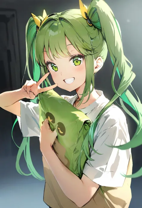 masterpiece, best quality, <lora:anmiXL_ANI31_lokr_V4239:0.95> 1girl, green hair, smile, v, twintails, green eyes, hair ornament, solo, long hair, looking at viewer, bangs, grin, upper body, holding, shirt