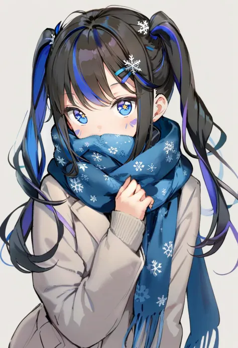 masterpiece, best quality, <lora:anmiXL_ANI31_lokr_V4239:0.95> 1girl, solo, blue scarf, black hair, scarf, hair ornament, looking at viewer, twintails, bangs, multicolored hair, hairclip, long hair, blue eyes, grey background, covered mouth, simple background, snowflake print, facial mark, star \(symbol\), symbol-shaped pupils, streaked hair